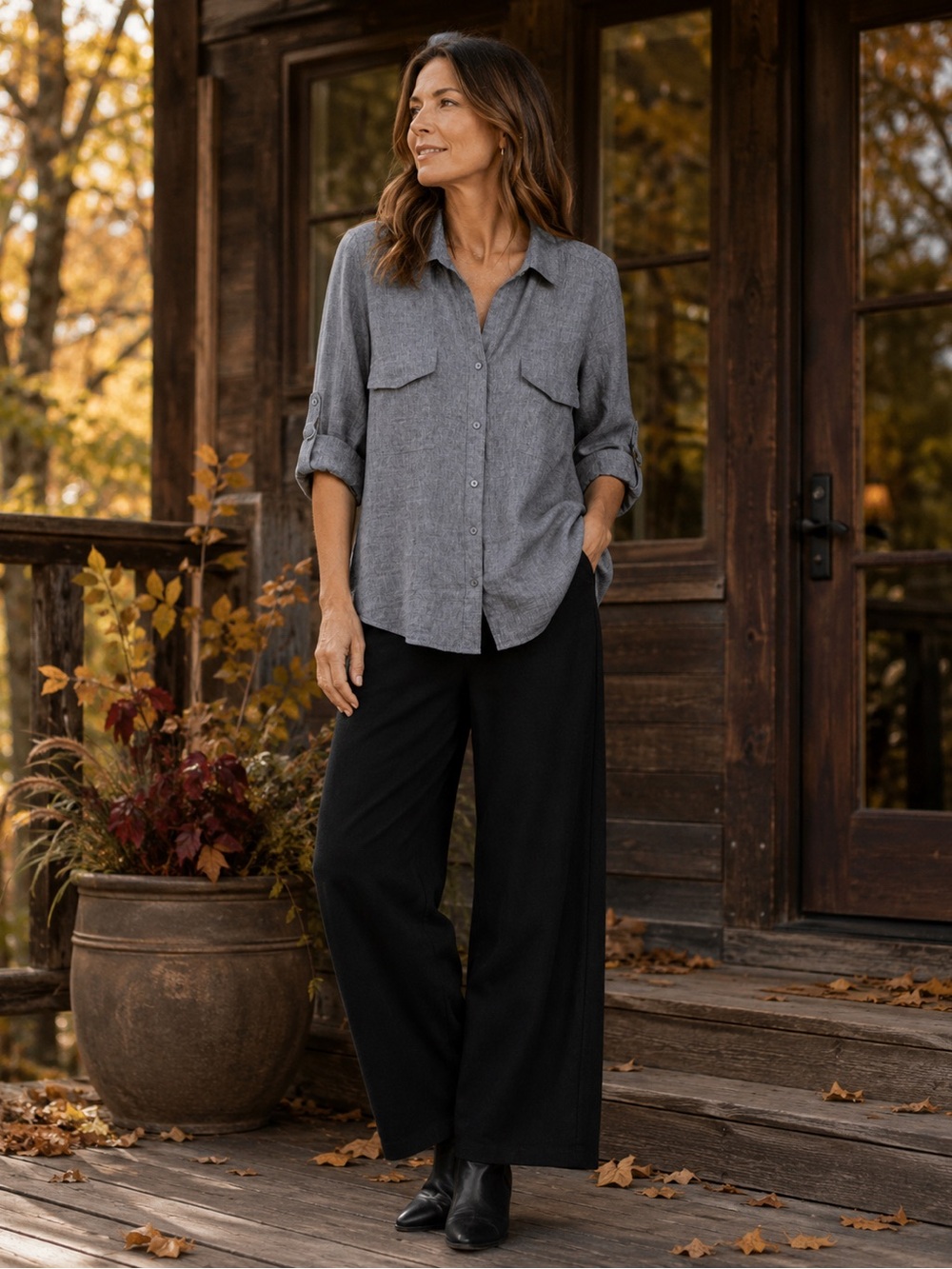 EILEEN FISHER GREY COTTON LINEN UTILITY NEUTRAL MINIMALIST CAMP SHIRT SZ M